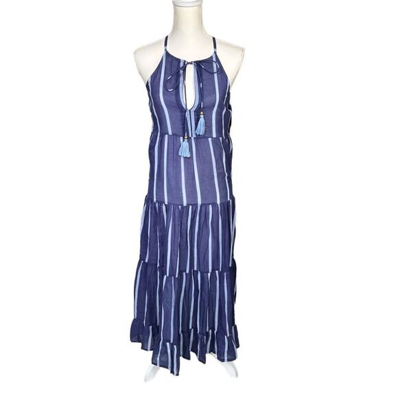 Oliphant Tiered Striped Tassel Tie Neck Maxi Dress Blue Size XS - Picture 1 of 12